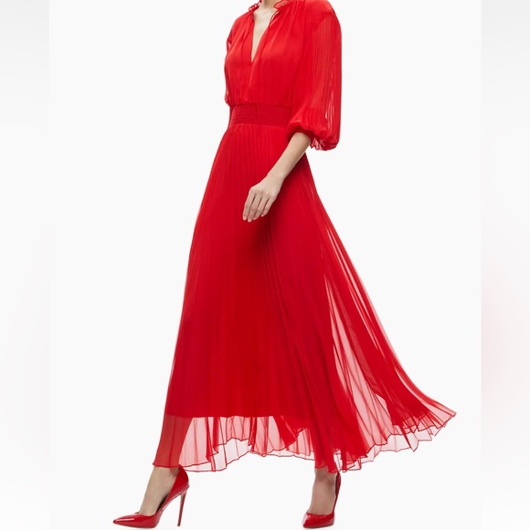 Alice + Olivia Vernia Blouson Sleeve Pleated Ruby Red Maxi Dress - Picture 1 of 4